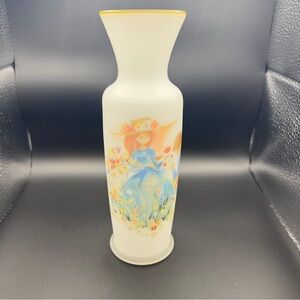Vintage Frosted White Glass Vase Hand painted Courting Girl Boy Floral Signed 8”
